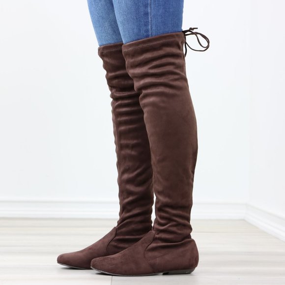 Brown Thigh High Over The Knee Flat Boots Faux Suede - Picture 11 of 13